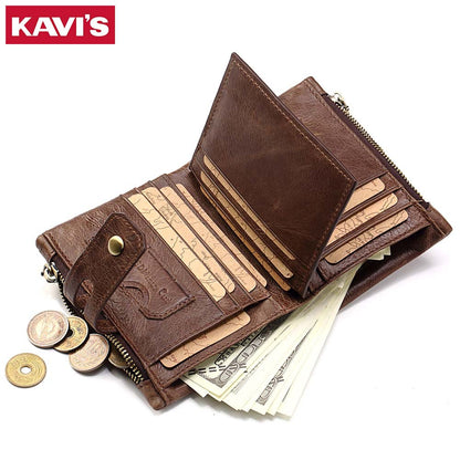 Leather Wallet KAVIS Fashion Short Men's Wallet Double Zipper