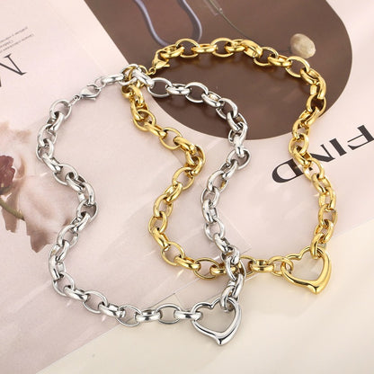 Stainless steel heart pendant bracelet necklace set clavicle chain