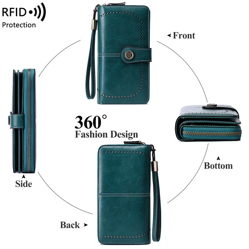 RFID Antimagnetic Wallet Long Zipper Women's Wallet Leather Wallet