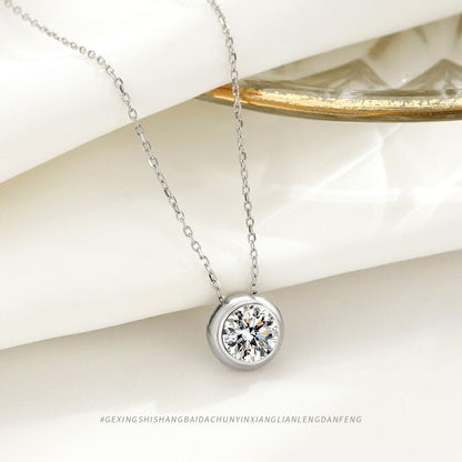 Pure silver round single diamond necklace with simple zircon