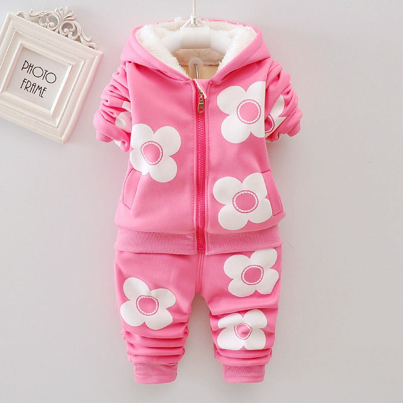 Plush set for girls' outdoor wear three flower early winter clothing two-piece