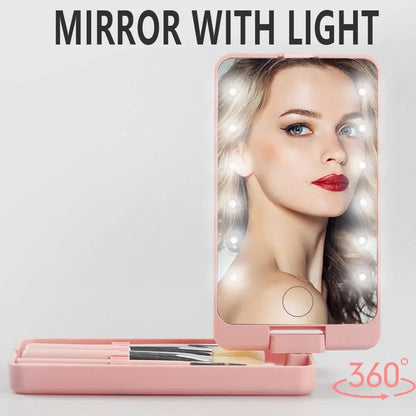 LED Folding Rotating Cosmetic Mirror Box with Brush