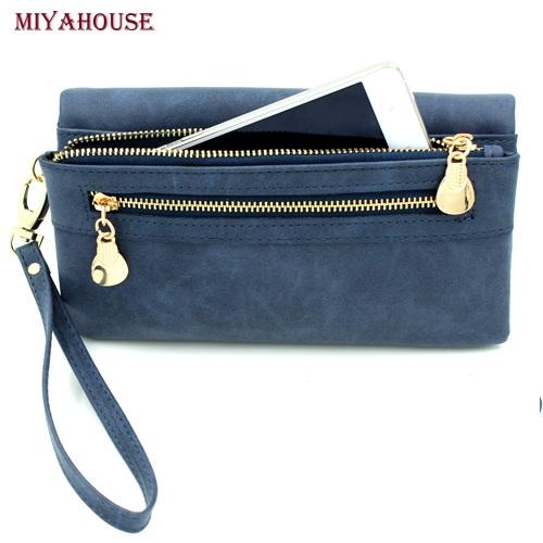 Women Wallets Long Dull Polish PU Leather Double Zipper