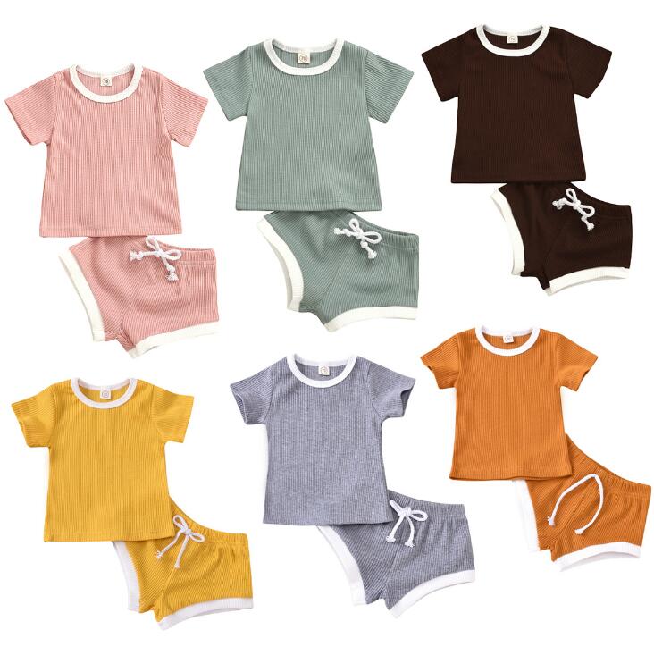 Ribbed Knitted Short Sleeve T-shirts+Shorts Tracksuits Sets