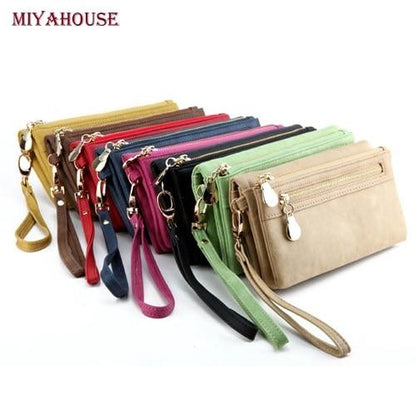 Women Wallets Long Dull Polish PU Leather Double Zipper