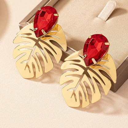 Leaf red diamond earrings with retro earrings