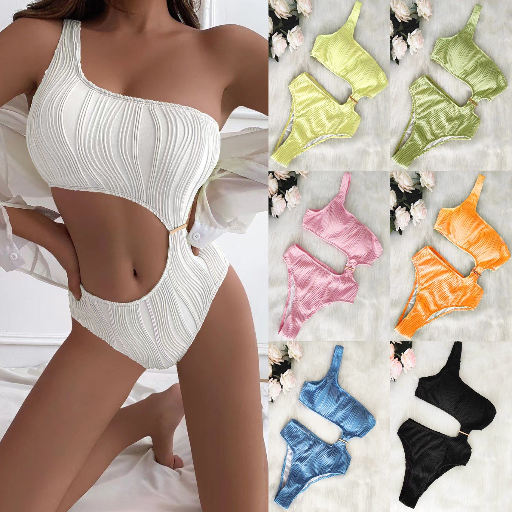 Solid color one shoulder one-piece swimsuit sexy women's bikini