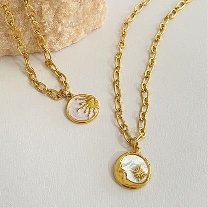 Vintage three-dimensional sun and moon round coin necklace