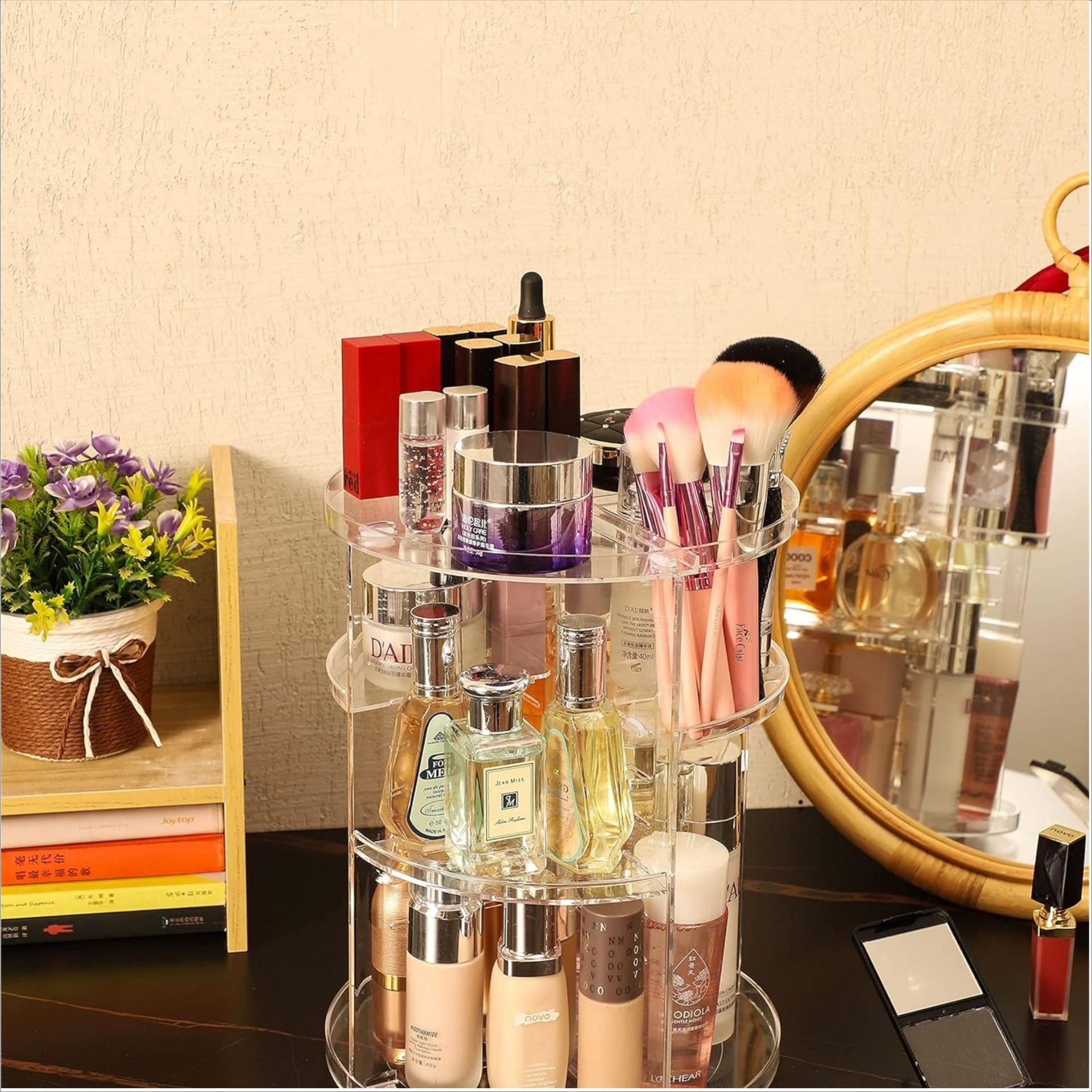 Rotating cosmetic storage box.  skincare product storage rack