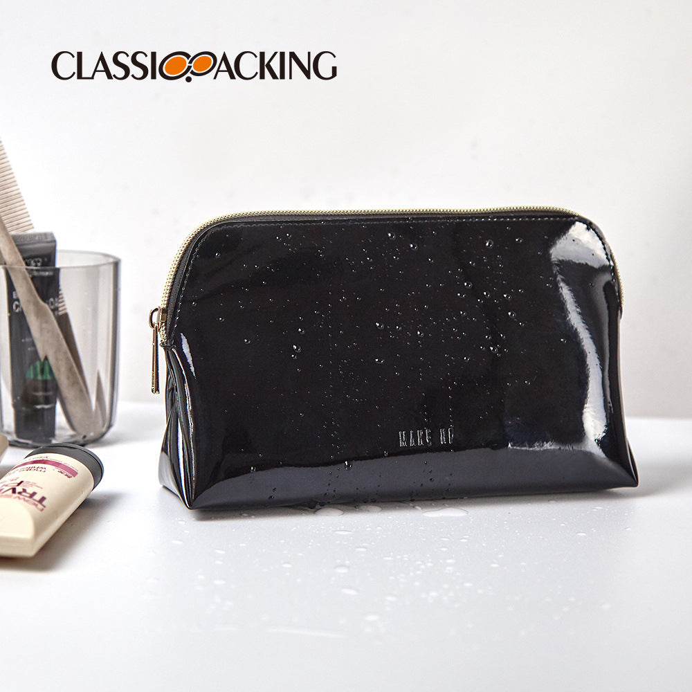 Simple Black Cosmetic Bag Waterproof Mirror Leather