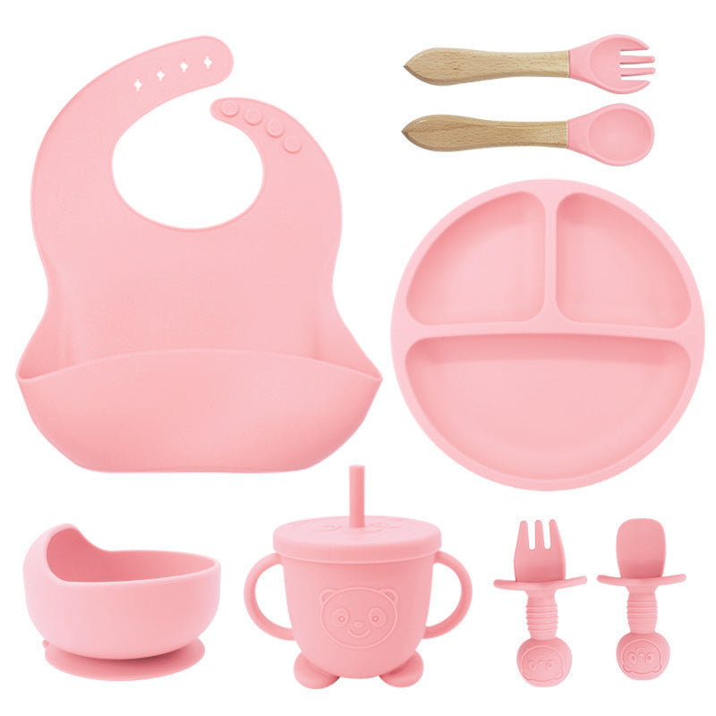 8PCS Mother and baby silicone bibs, silicone dinner plates, eight-piece set,