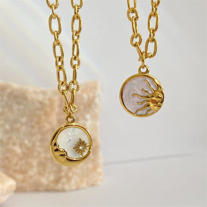 Vintage three-dimensional sun and moon round coin necklace