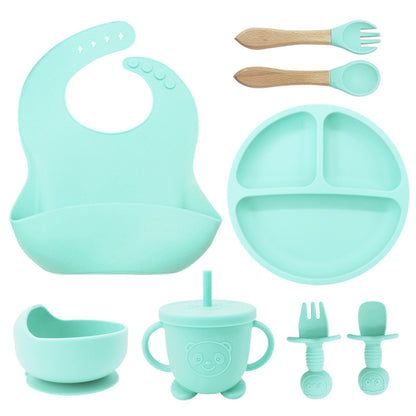 8PCS Mother and baby silicone bibs, silicone dinner plates, eight-piece set,