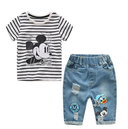 Infant Boys Summer Cartoon Striped T Shirt + Denim Shorts Clothes 2pcs Sets