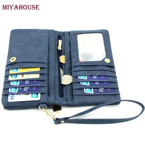 Women Wallets Long Dull Polish PU Leather Double Zipper