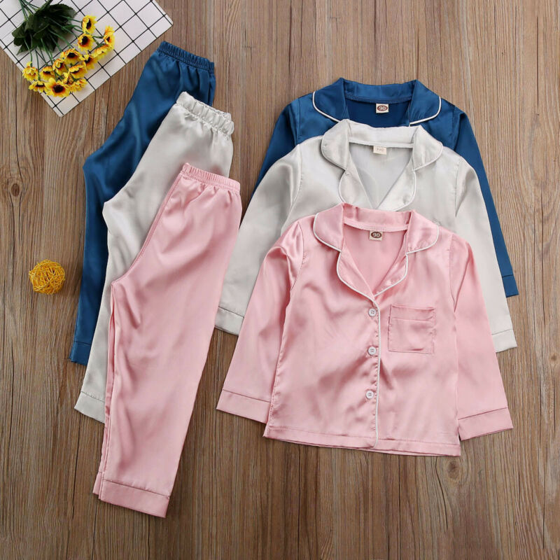 Childrens Kids Pyjamas Silk Satin Tops Pant Autumn Winter Long Sleeve