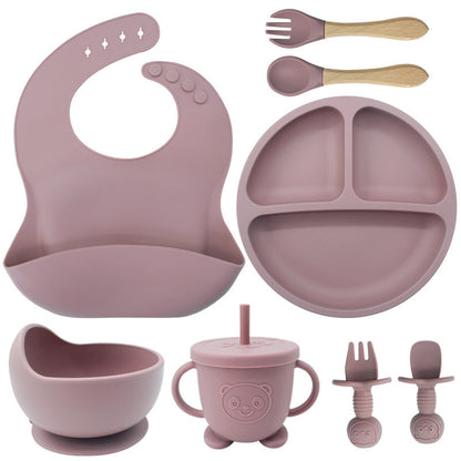 8PCS Mother and baby silicone bibs, silicone dinner plates, eight-piece set,