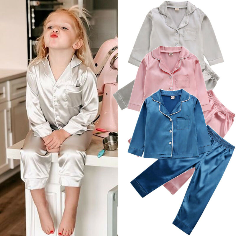 Childrens Kids Pyjamas Silk Satin Tops Pant Autumn Winter Long Sleeve