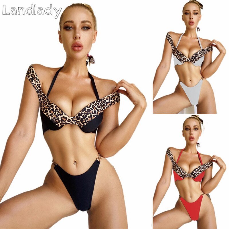 New leopard bikini solid color splicing   women's swimsuit