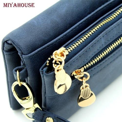 Women Wallets Long Dull Polish PU Leather Double Zipper