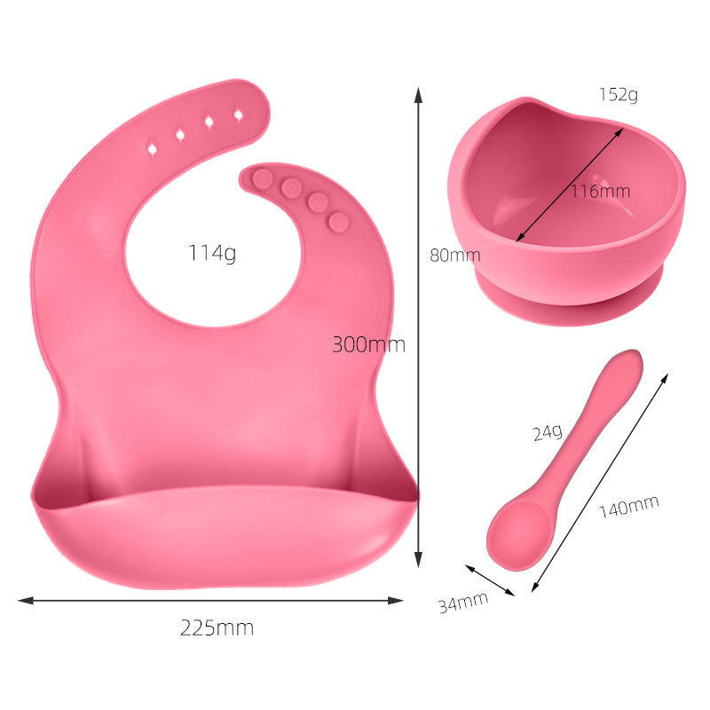 Silicone tableware set baby saliva pocket complementary food bowl children's silicone bib 3-piece set