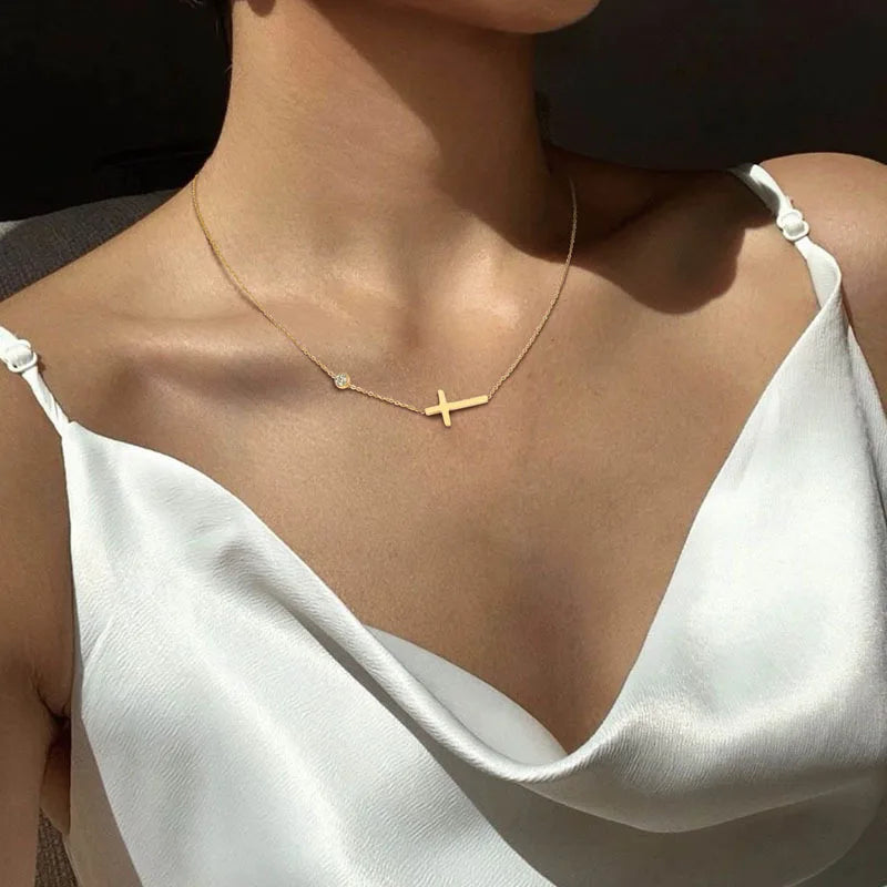 18k gold collarbone chain with micro inlaid cross necklace