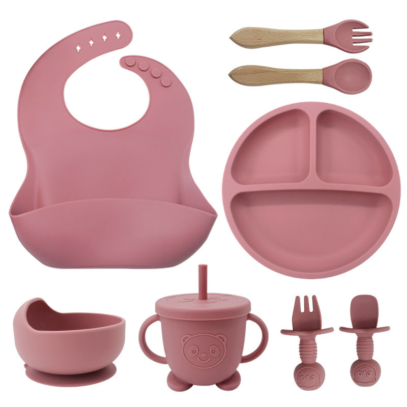 8PCS Mother and baby silicone bibs, silicone dinner plates, eight-piece set,