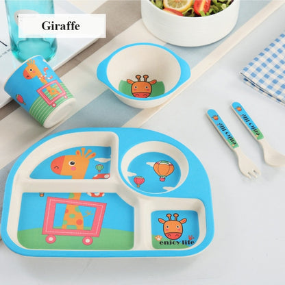 5pcs/set Baby Dinnerware Bamboo Fiber Children Tableware Set Plate Dishes Bowl With Spoon