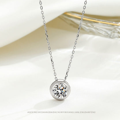 Pure silver round single diamond necklace with simple zircon