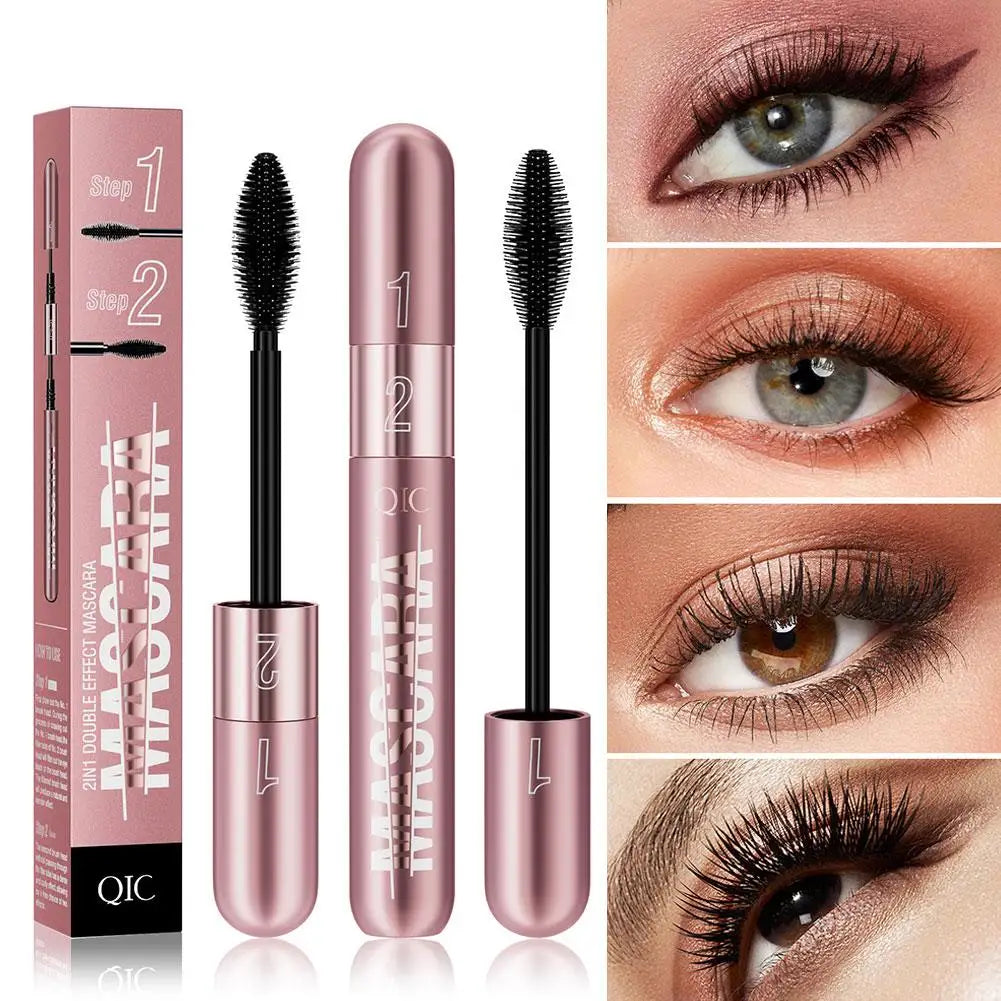 Double Head Black Mascara Waterproof Lengthens Extension Eyelashes Volume 5D Silk Fiber Mascara