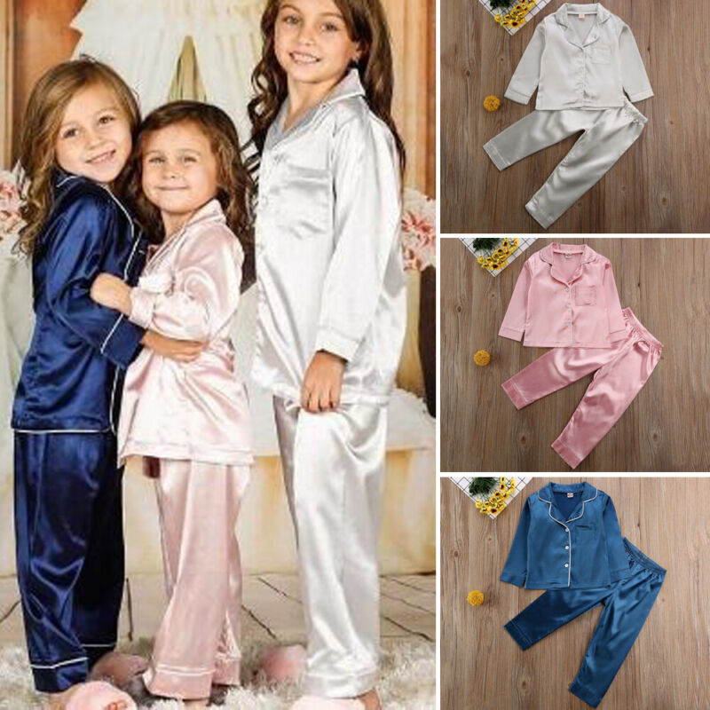 Childrens Kids Pyjamas Silk Satin Tops Pant Autumn Winter Long Sleeve