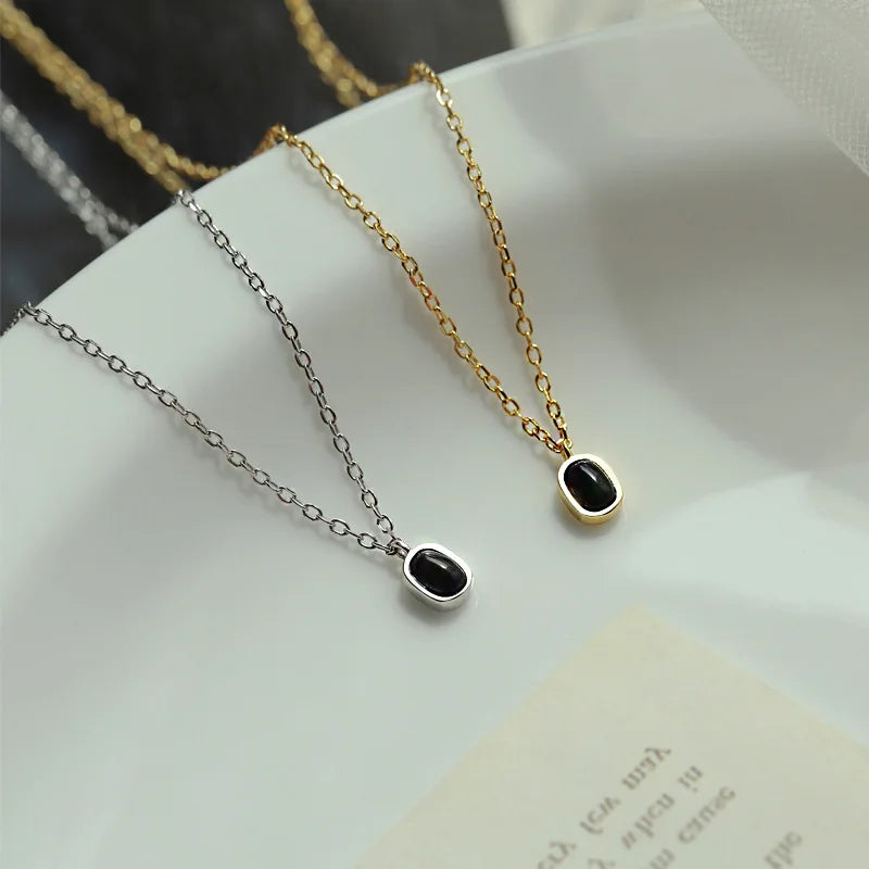 925 Sterling Silver Black Agate Pendant Necklace for Women