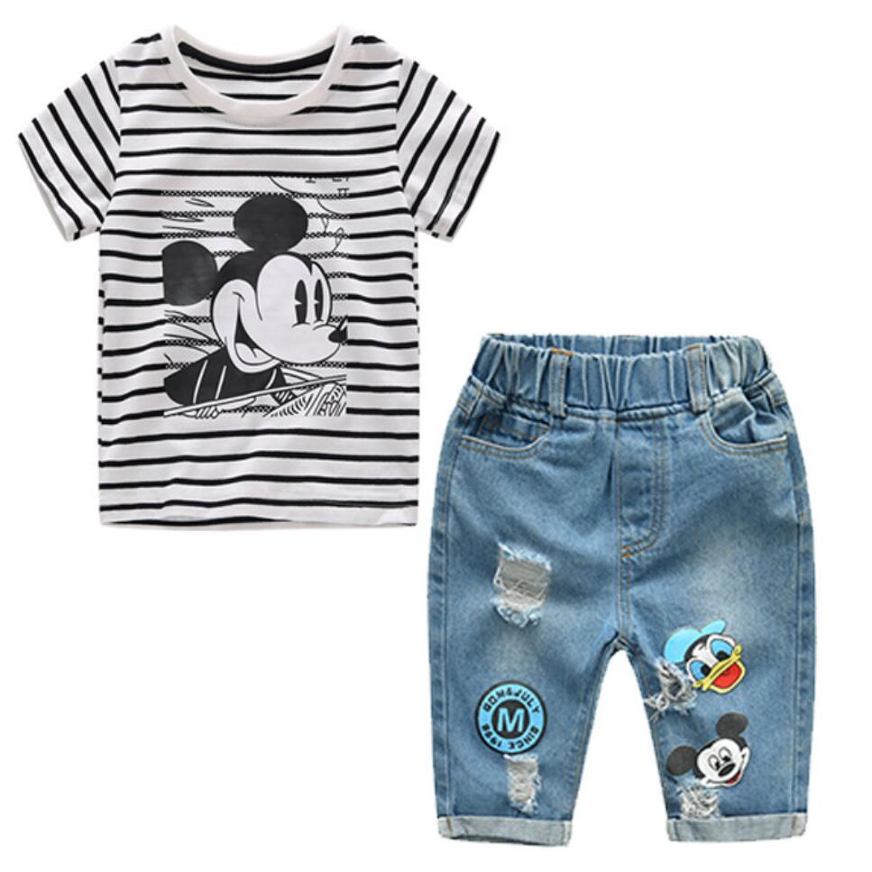 Infant Boys Summer Cartoon Striped T Shirt + Denim Shorts Clothes 2pcs Sets