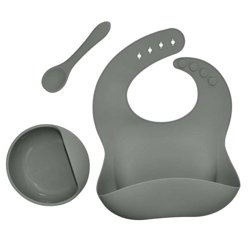 Silicone tableware set baby saliva pocket complementary food bowl children's silicone bib 3-piece set