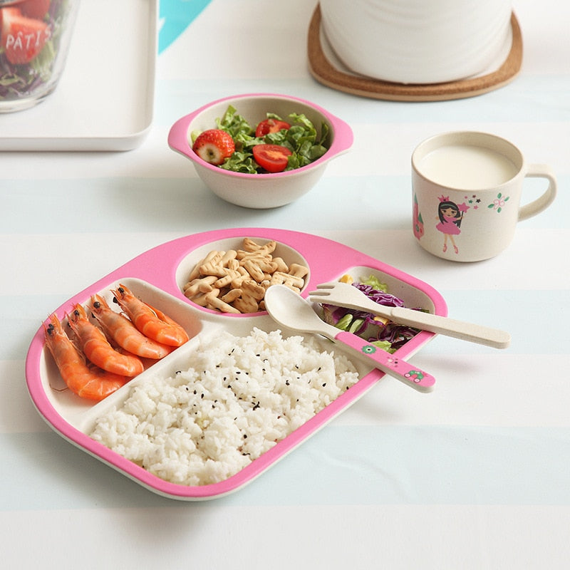 5pcs/set Baby Dinnerware Bamboo Fiber Children Tableware Set Plate Dishes Bowl With Spoon