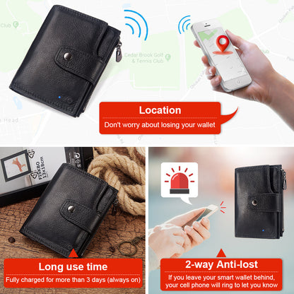 Smart Anti-Lost Wallet Men's Leather Wallet RFID Anti-theft Brush Coin Purse Bluetooth Link Multifunctional