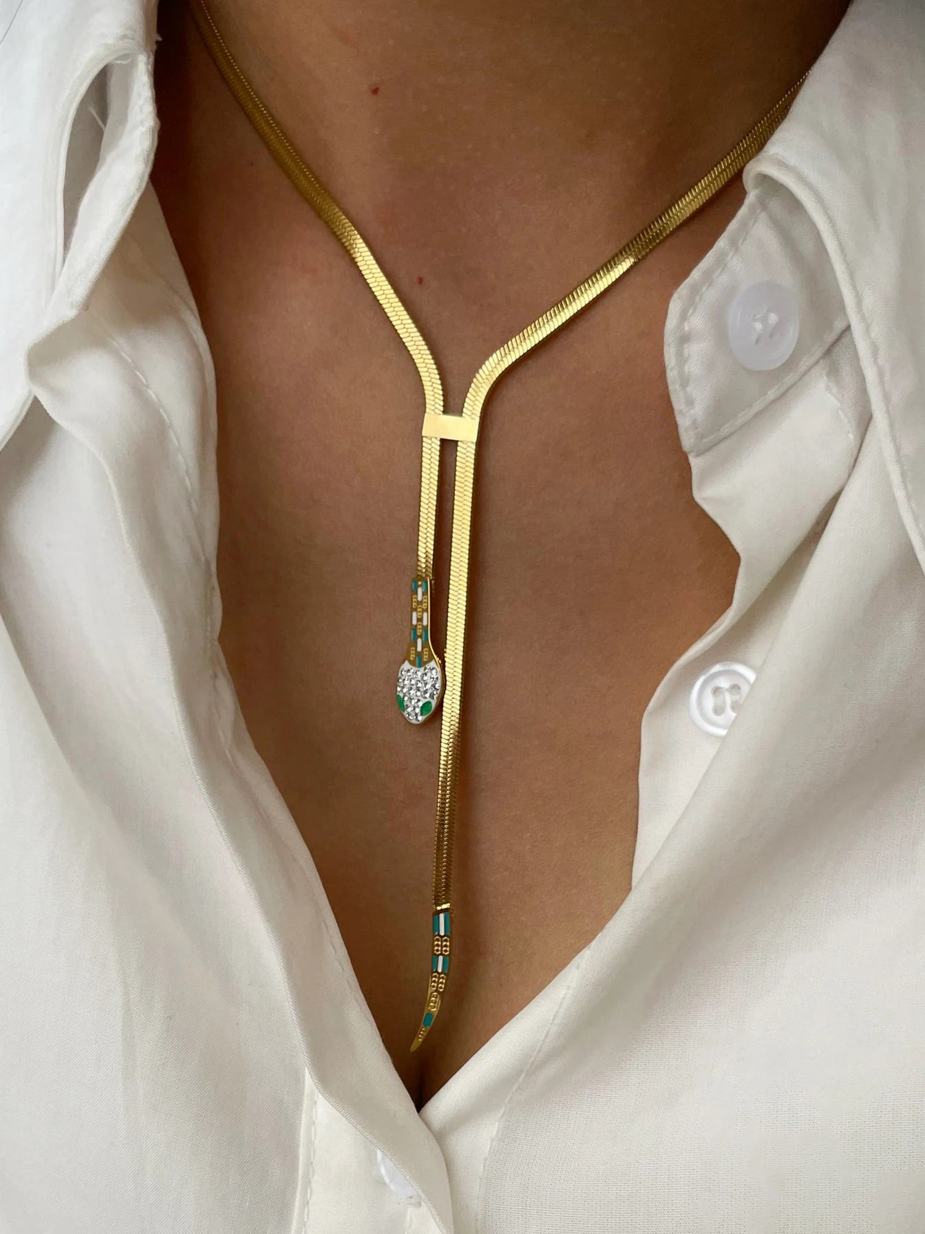 Gold Plated Flat Snake Chain Tassel Necklace