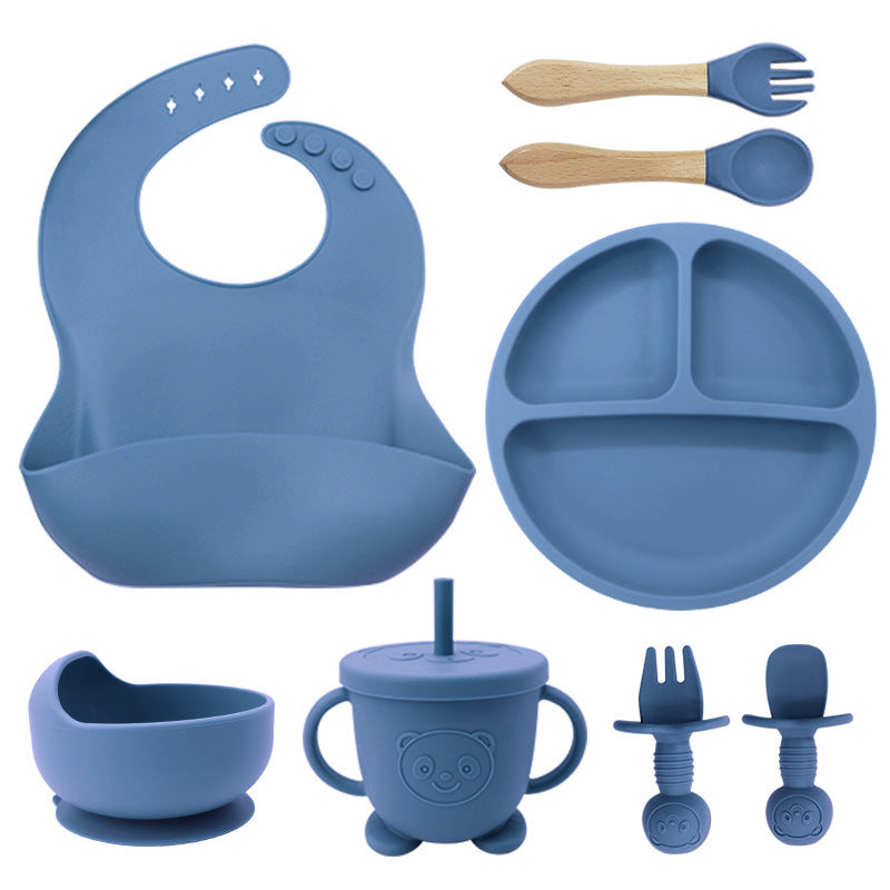 8PCS Mother and baby silicone bibs, silicone dinner plates, eight-piece set,