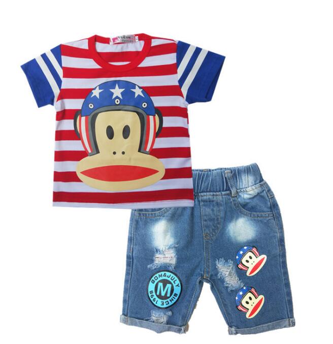 Infant Boys Summer Cartoon Striped T Shirt + Denim Shorts Clothes 2pcs Sets