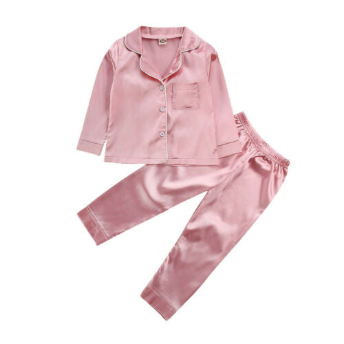 Childrens Kids Pyjamas Silk Satin Tops Pant Autumn Winter Long Sleeve