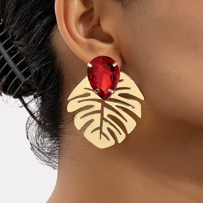 Leaf red diamond earrings with retro earrings