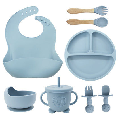 8PCS Mother and baby silicone bibs, silicone dinner plates, eight-piece set,