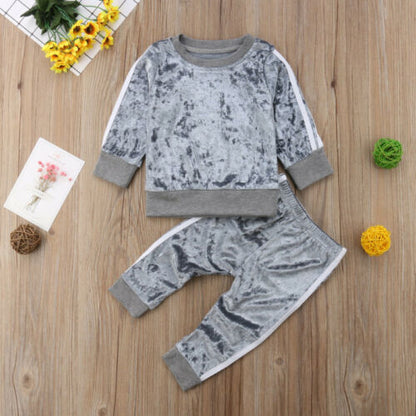 Winter Velvet Kids Baby Girls Clothes Sets Solid Long Sleeve T-shirt Tops + Pants 2PCS Outfit Sets