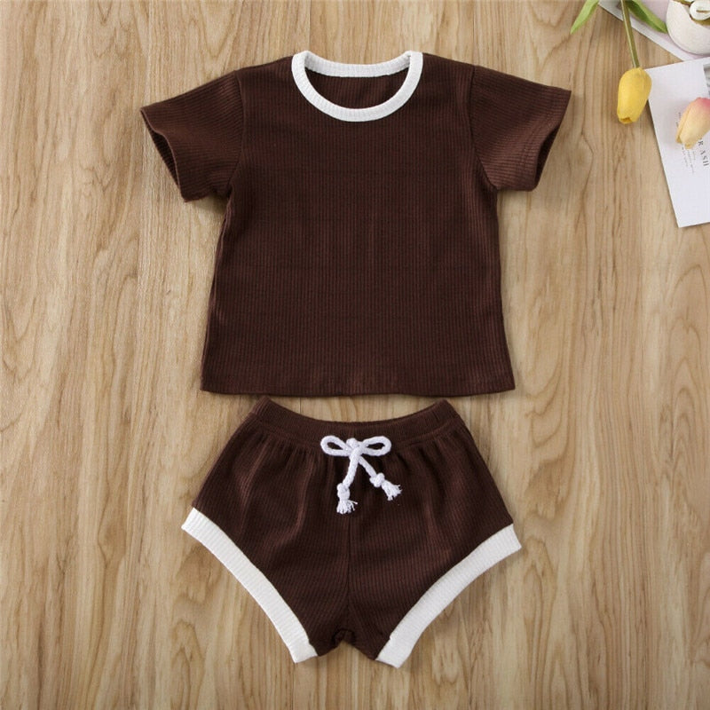 Ribbed Knitted Short Sleeve T-shirts+Shorts Tracksuits Sets